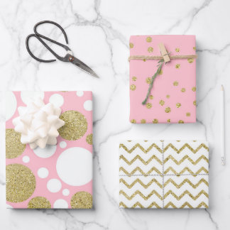 Pink & Gold Glitter Matching Patterns Wrapping Paper Sheet