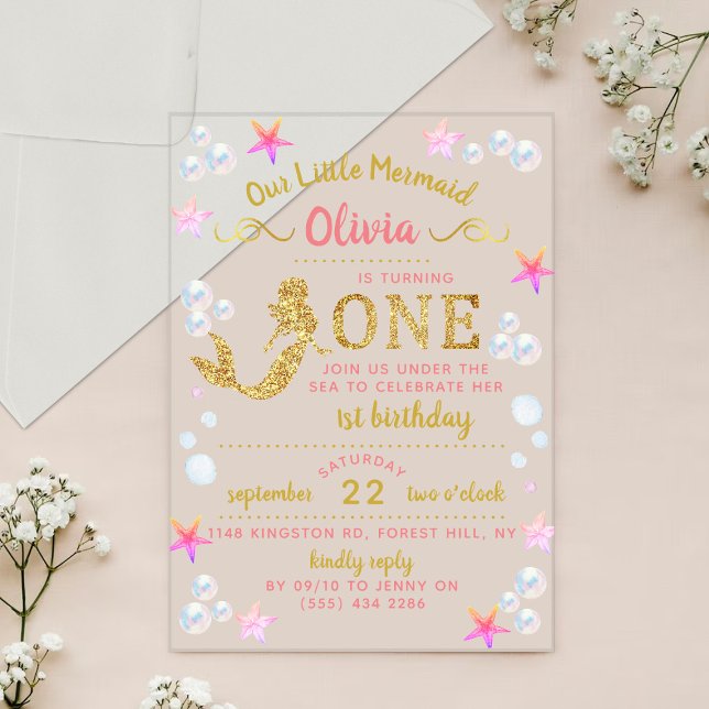 Pink & Gold Glitter Mermaid 1st Birthday Acrylic Invitations (Creator Uploaded)