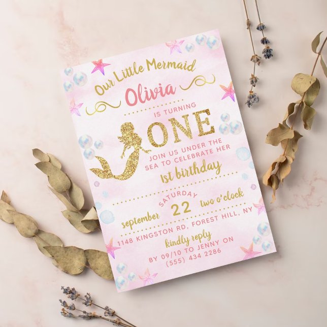 Pink & Gold Glitter Mermaid 1st Birthday Invitation (Creator Uploaded)