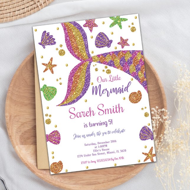 Pink Gold Glitter Mermaid Tail Birthday Invitation (Mermaid Birthday Invitation with photo)