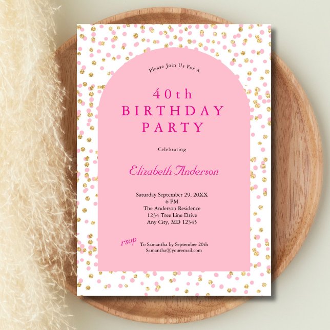 Pink Gold Glitter Modern Arch 40th Birthday Her Invitation (Pink Gold Glitter 40th birthday party invitation for her. Printed or Instant Digital Download)