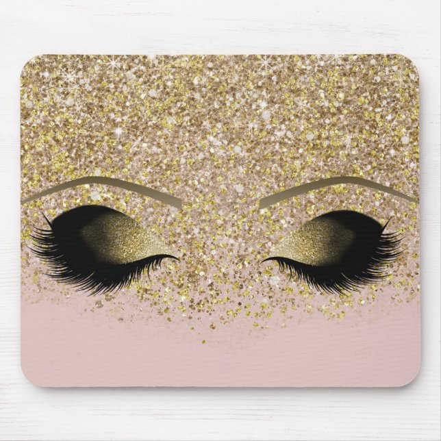 Pink & Gold Glitter Modern Glam Makeup Lashes Eyes Mouse Mat (Front)