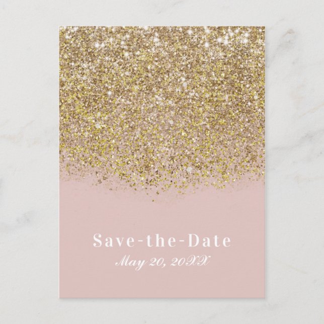Pink & Gold Glitter Modern Glam Save the Date Announcement Postcard (Front)