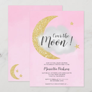 Pink gold glitter over the moon star baby shower invitation