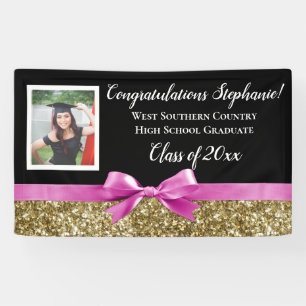 Pink Gold Glitter Photo Graduation Banner Sign