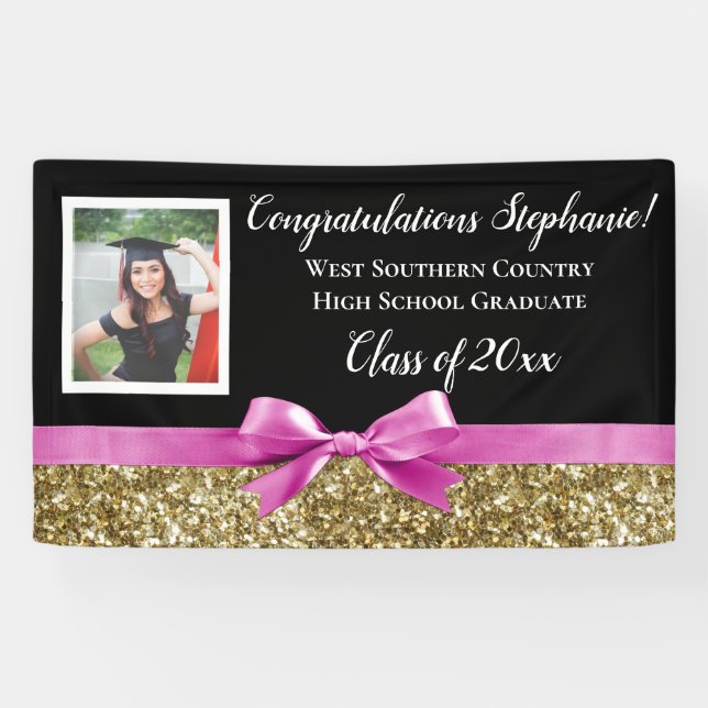 Pink Gold Glitter Photo Graduation Banner Sign (Horizontal)