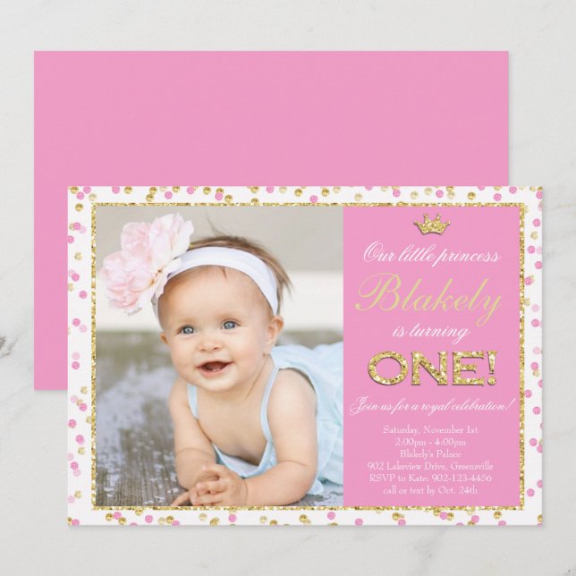 Pink Gold Glitter Princess First Birthday Invitation (Front/Back)