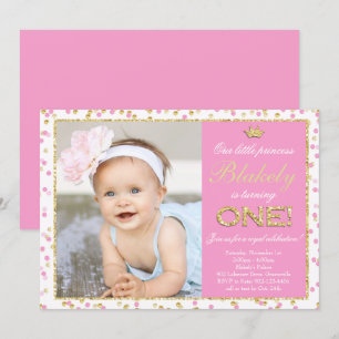 Pink Gold Glitter Princess First Birthday Invitation