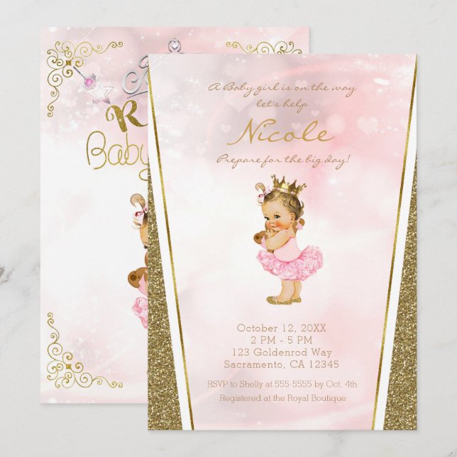 Pink & Gold Glitter Princess Vintage Baby Shower Invitation (Front/Back)