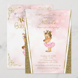 Pink & Gold Glitter Princess Vintage Baby Shower Invitation