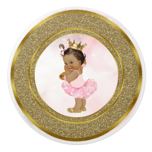 Pink & Gold Glitter Princess Vintage Tan Baby Girl Ceramic Knob