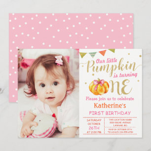 Pink Gold Glitter Pumpkin Baby 1st Birthday Photo Invitation