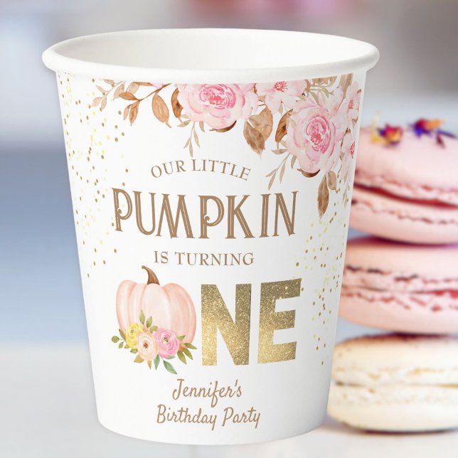 Pink Gold Glitter Pumpkin Floral Girl 1st Birthday Paper Cups (Creator Uploaded)