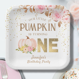 Pink Gold Glitter Pumpkin Floral Girl 1st Birthday Paper Plate