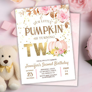 Pink Gold Glitter Pumpkin Floral Girl 2nd Birthday Invitation