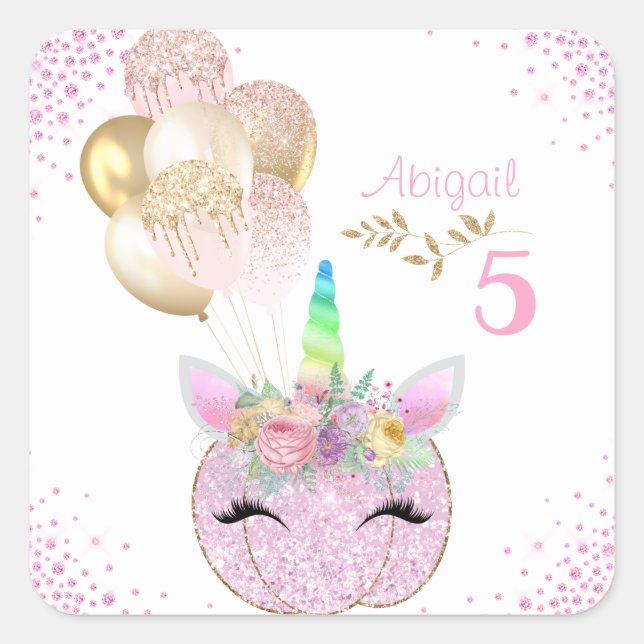 Pink Gold Glitter Pumpkin Unicorn Girls Birthday Square Sticker (Front)