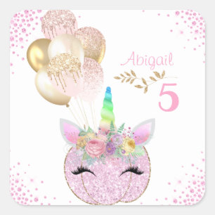 Pink Gold Glitter Pumpkin Unicorn Girls Birthday Square Sticker