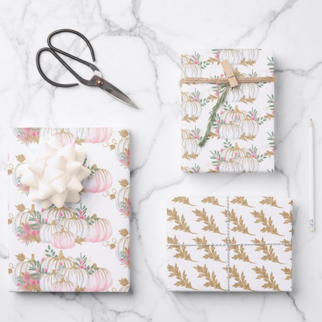 Pink Gold Glitter Pumpkins Wrapping Paper Sheet (Front)