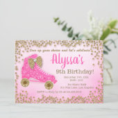 Pink & Gold Glitter Roller Skate Girl's Birthday Invitation (Standing Front)