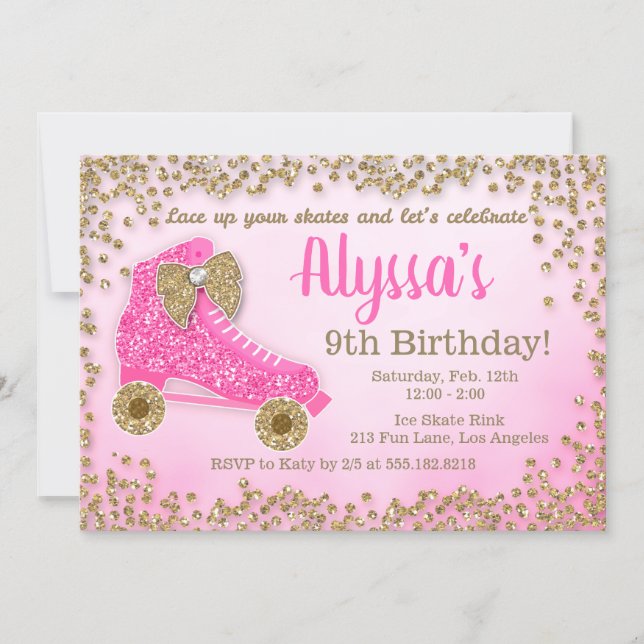 Pink & Gold Glitter Roller Skate Girl's Birthday Invitation (Front)
