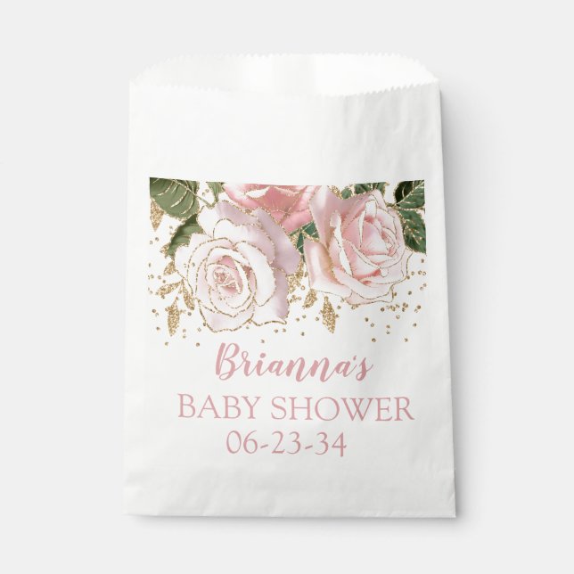Pink Gold Glitter Roses Baby Shower Favour Bags (Front)