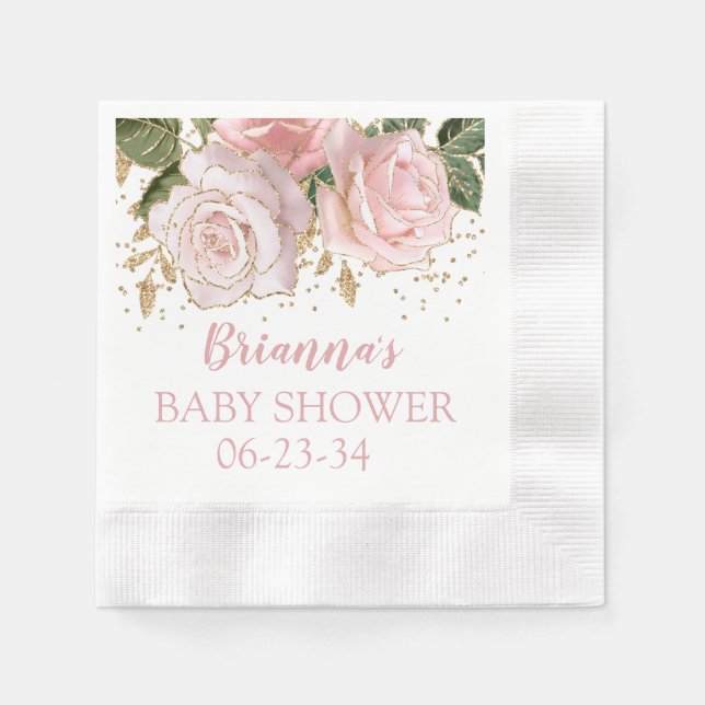 Pink Gold Glitter Roses Baby Shower Napkin (Front)