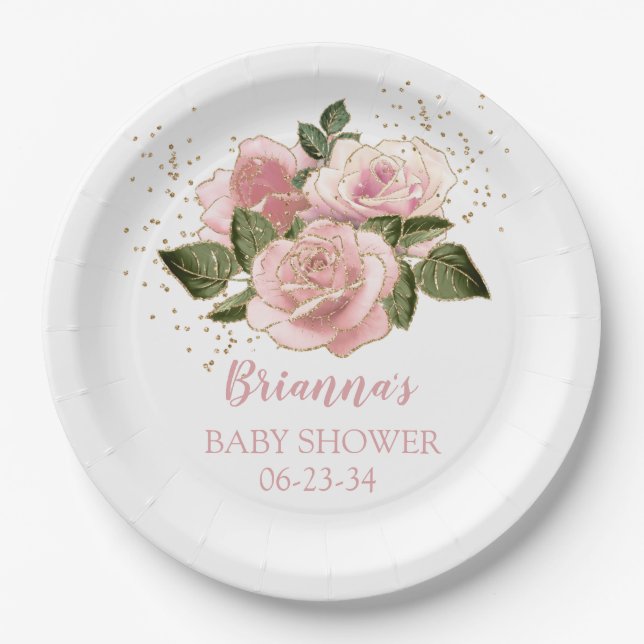 Pink Gold Glitter Roses Baby Shower Paper Plate (Front)