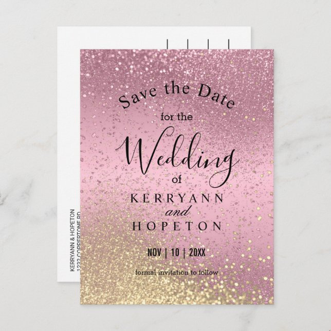 Pink & Gold Glitter - Save The Date  Announcement Postcard (Front/Back)