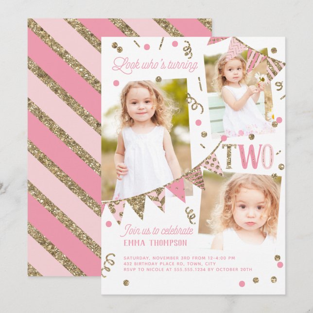 Pink Gold Glitter Second Birthday 3 Photo Collage Invitation (Front/Back)