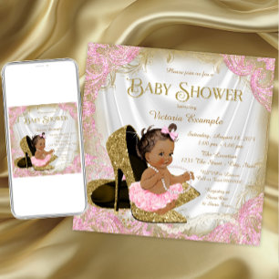 Pink Gold Glitter Shoe Pearl Ethnic Baby Shower Invitation