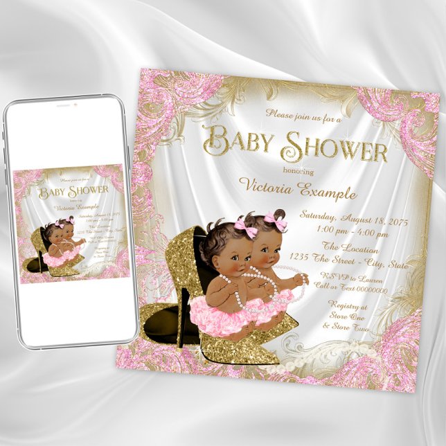Pink Gold Glitter Shoe Twin Girl Baby Shower Invitation (Pink gold twin girl baby shower invitation. Instant download and printed invitations available.)