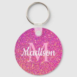 Pink Gold Glitter Sparkle Chic Monogram Name Key Ring