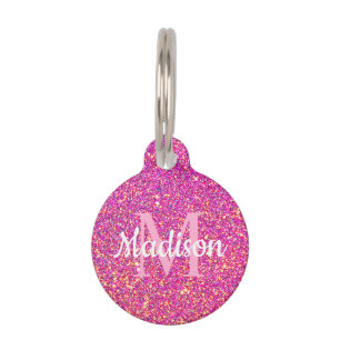 Pink Gold Glitter Sparkle Chic Monogram Name Pet Tag