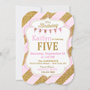 Pink Gold Glitter Sparkle Fifth Birthday Invite