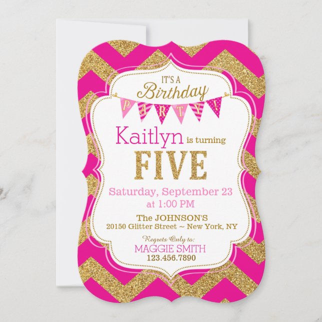 Pink Gold Glitter Sparkle Fifth Birthday Invite (Front)