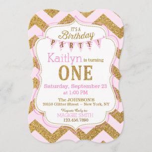 Pink Gold Glitter Sparkle First Birthday Invite