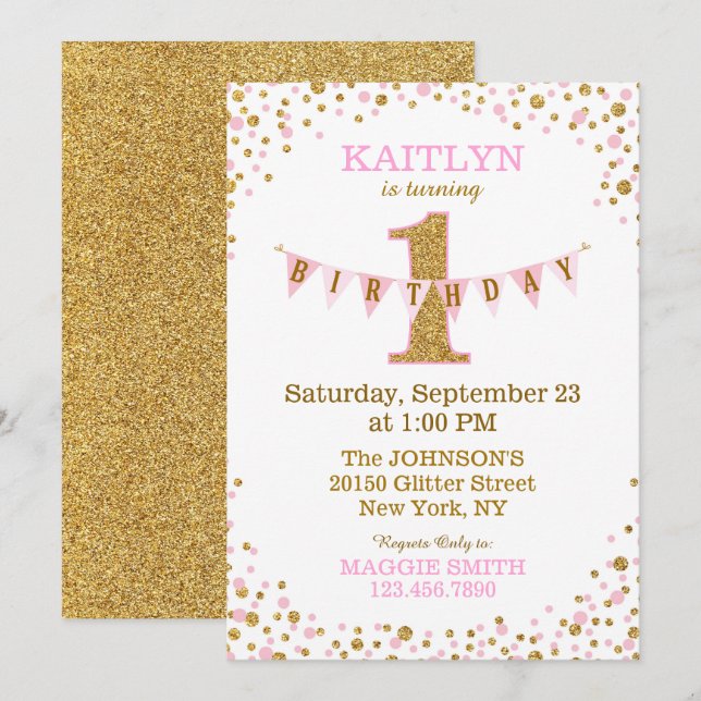 Pink Gold Glitter Sparkle First Birthday Invite (Front/Back)