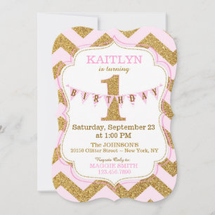 Pink Gold Glitter Sparkle First Birthday Invite