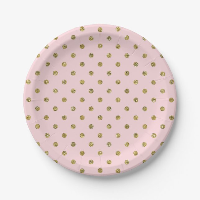 Pink & Gold Glitter Sparkle Polka Dots Chic Party Paper Plate (Front)