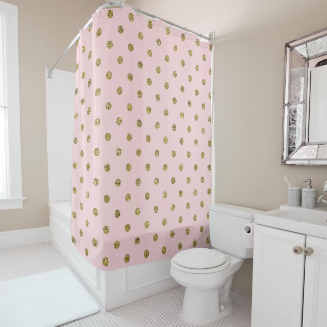 Pink & Gold Glitter Sparkle Polka Dots Minimal Shower Curtain (In Situ)