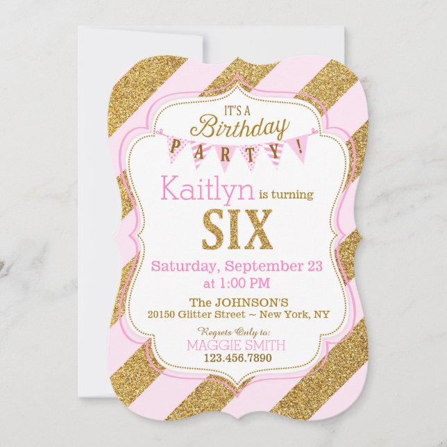 Pink Gold Glitter Sparkle Sixth Birthday Invite (Front)