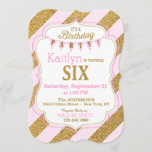 Pink Gold Glitter Sparkle Sixth Birthday Invite