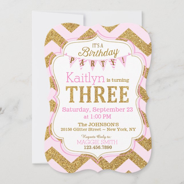 Pink Gold Glitter Sparkle Third Birthday Invite (Front)