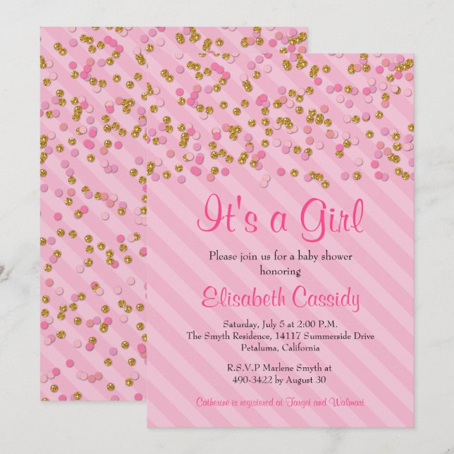 Pink & Gold Glitter Sprinkle Baby Shower Invite (Front/Back)