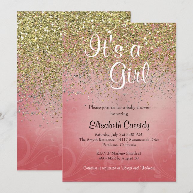 Pink & Gold Glitter Sprinkle Baby Shower Invite (Front/Back)