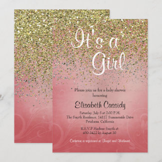 Pink & Gold Glitter Sprinkle Baby Shower Invite