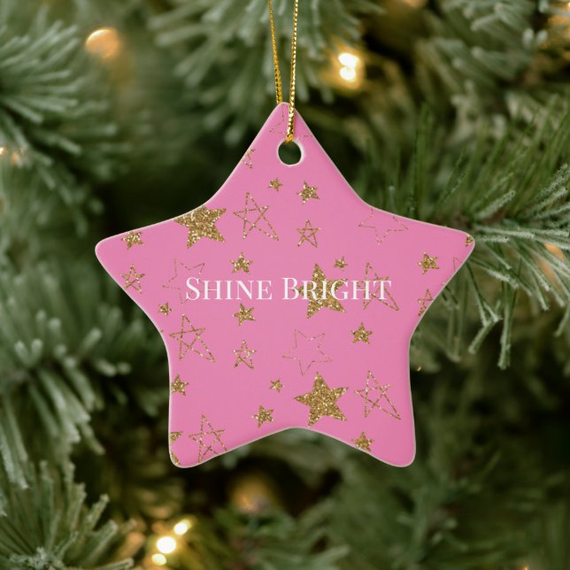 Pink Gold Glitter Stars Ceramic Tree Decoration (Tree)