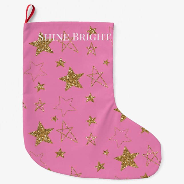 Pink Gold Glitter Stars Large Christmas Stocking (Front)