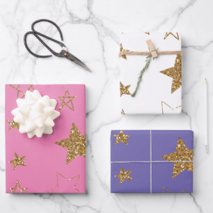 Pink Gold Glitter Stars Wrapping Paper Sheet