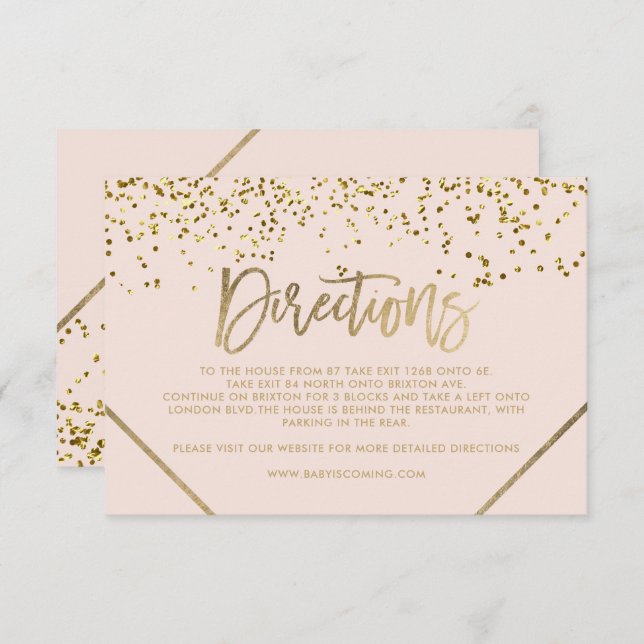 Pink gold glitter stripe directions baby shower enclosure card (Front/Back)
